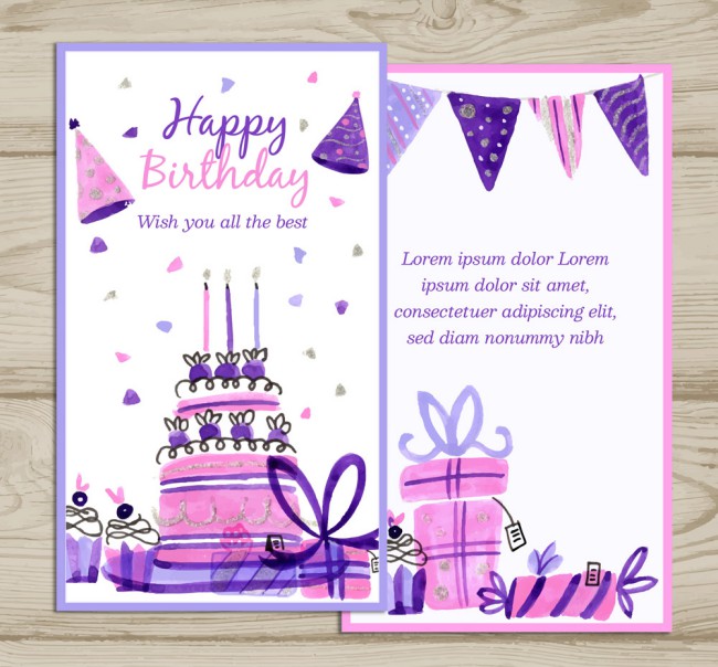 2款彩绘紫色蛋糕和礼物生日卡片矢量素材16图库网精选