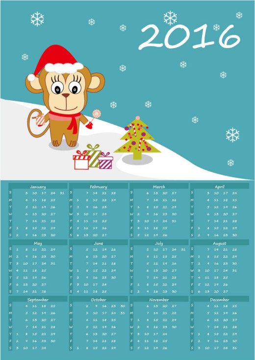 2016年可爱猴子年历矢量素材16设计网精选