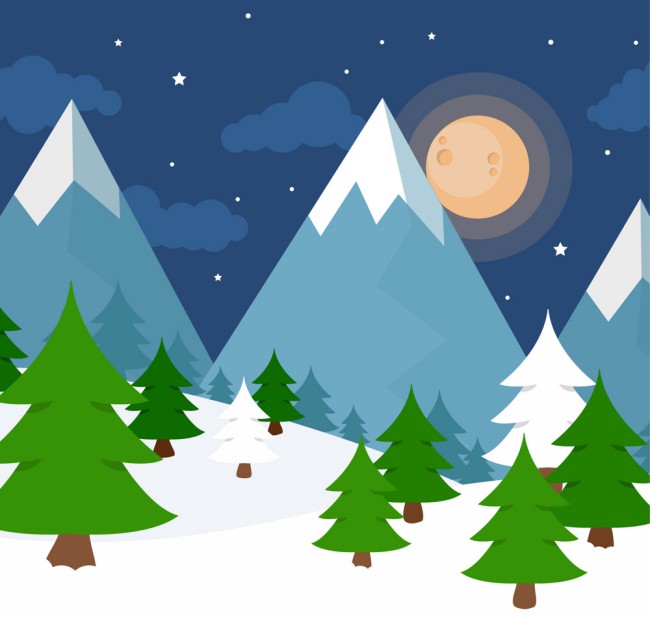 冬季夜晚雪山与森林风景矢量图普贤居素材网精选