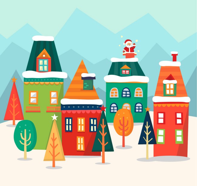 可爱钻烟囱的圣诞老人和彩色房屋矢量图16图库网精选