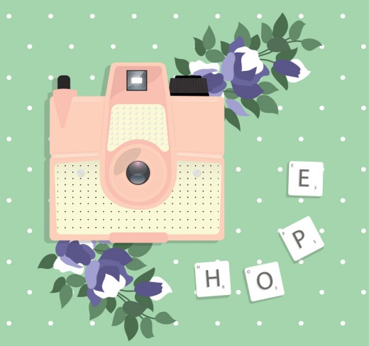粉色相机和花卉剪贴画矢量图素材中