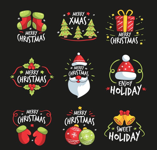 9款彩绘可爱圣诞节快乐标签矢量图素材中国网精选