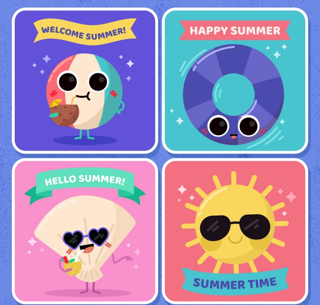 4款可爱表情夏季元素卡片矢量图素材中国网精选