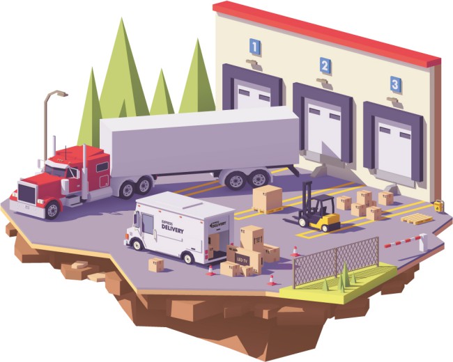 立体装卸货物的运货车和仓库矢量素材普贤居素材网精选