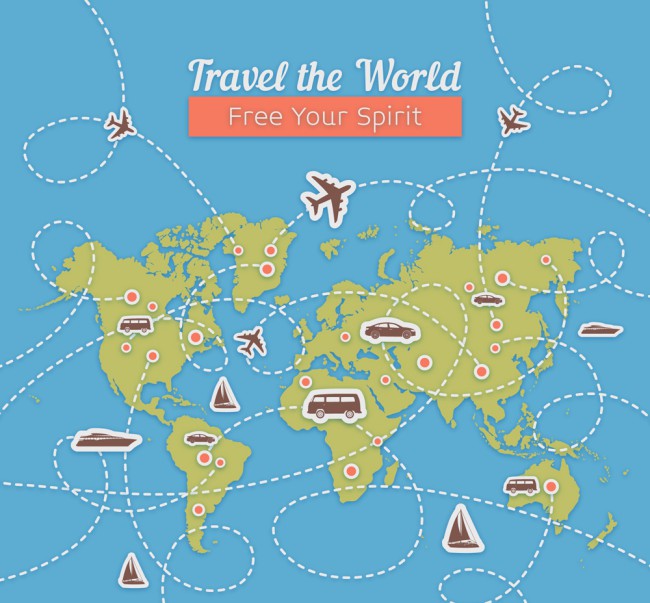 创意环球旅行世界地图和轨迹矢量图素材中国网精选