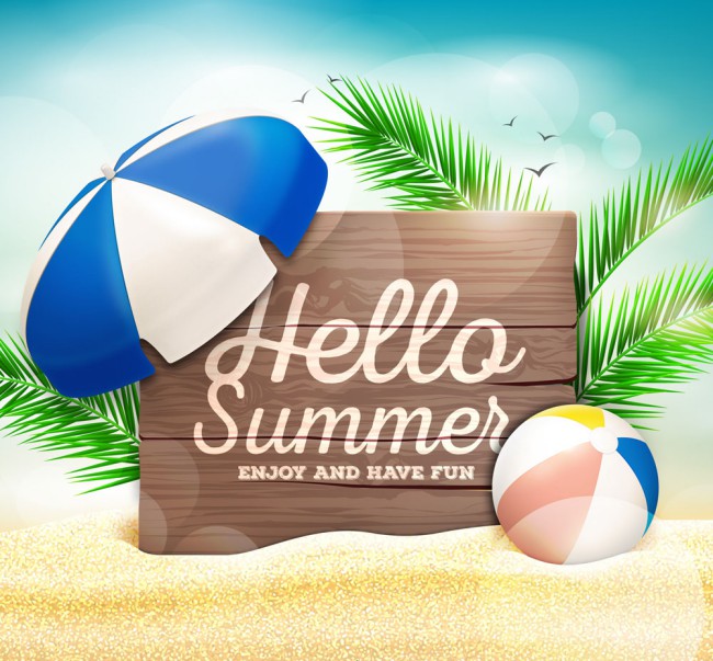 创意你好夏季沙滩木牌风景矢量图素材中国网精选