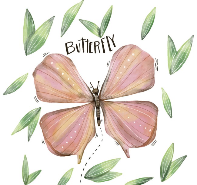彩绘粉色蝴蝶和树叶矢量素材16图库网精选