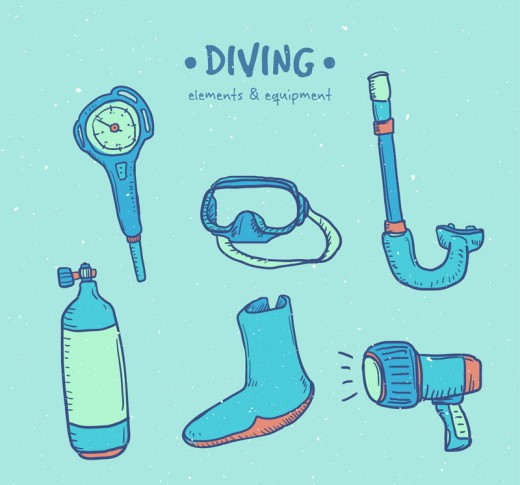 6款彩绘潜水用品元素矢量素材素材