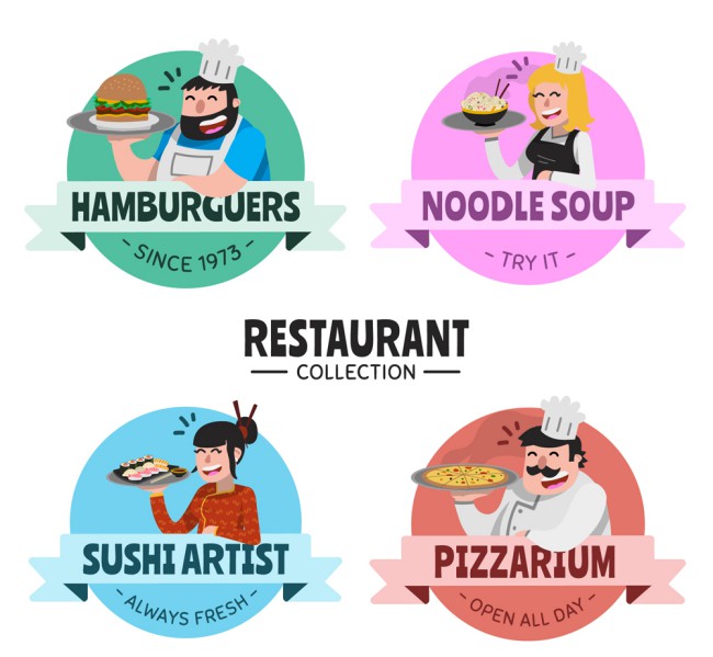 4款创意餐馆人物标签矢量图素材中国网精选