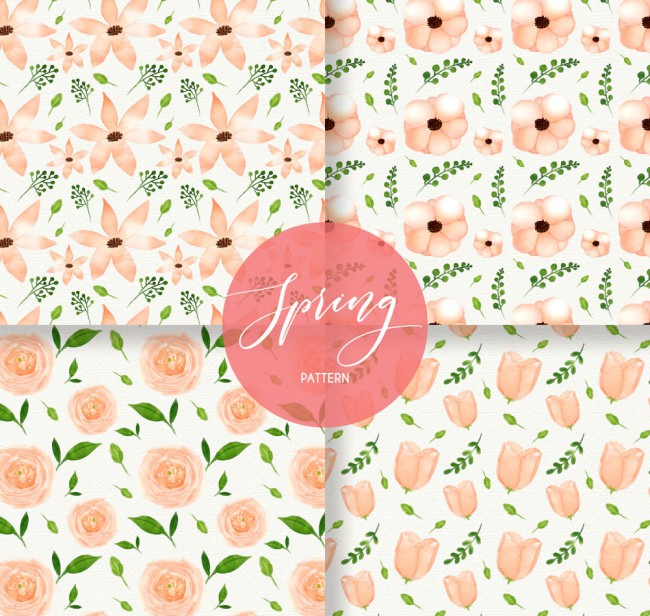 4款彩绘粉色春季花朵无缝背景矢量图普贤居素材网精选