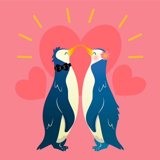 彩绘企鹅情侣和爱心矢量素材16图库网精选