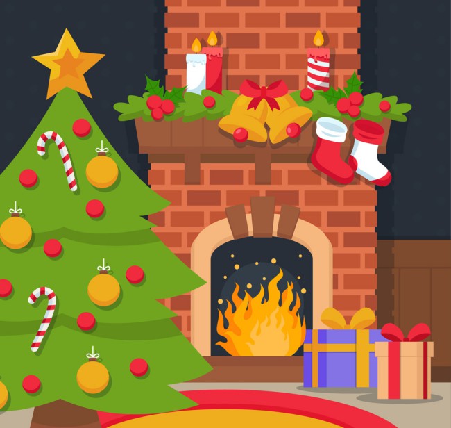圣诞夜壁炉和圣诞树矢量素材普贤居素材网精选