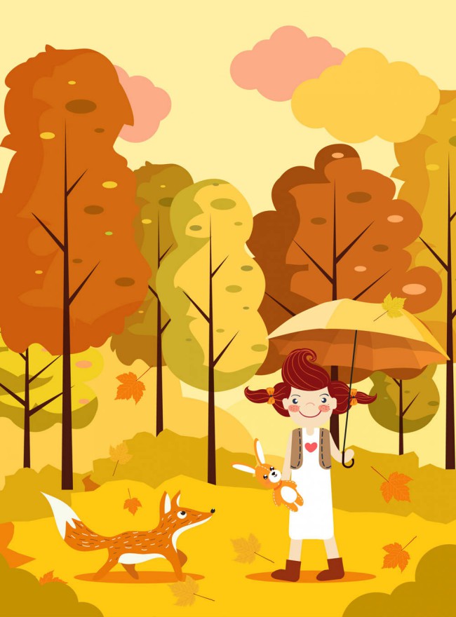 创意秋季森林女孩和狐狸矢量图16设计网精选