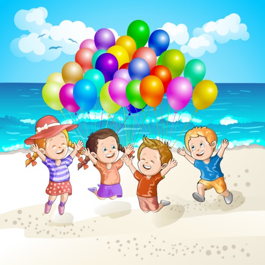 海滩玩气球的孩子矢量素材普贤居素