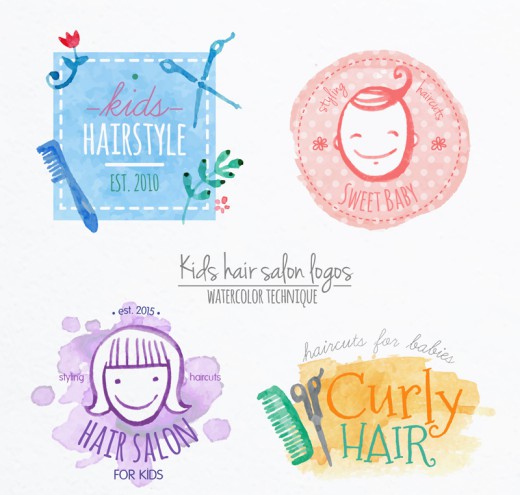 4款水彩绘儿童理发标志矢量图素材中国网精选