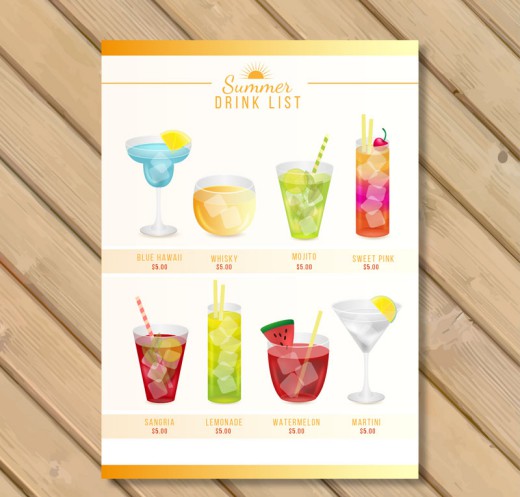 水彩绘夏季酒水单8种饮品矢量素材16图库网精选