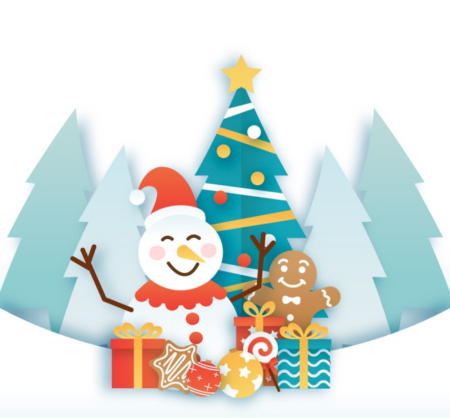 创意雪地圣诞树旁的雪人矢量素材16图库网精选