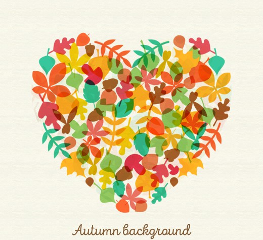 彩色秋季落叶组合爱心矢量图素材天