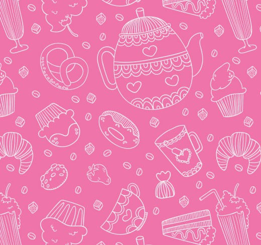 粉色下午茶甜点无缝背景矢量图16设计网精选