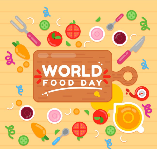 创意世界粮食日摆满桌面的食物矢量