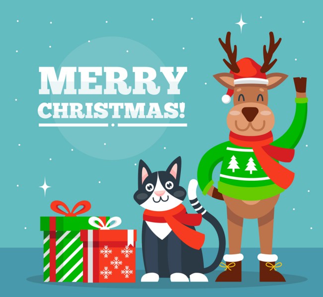 可爱圣诞驯鹿和黑色猫咪矢量图普贤
