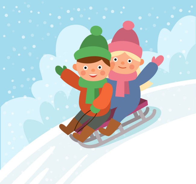 卡通玩雪橇的2个孩子矢量素材16图库网精选
