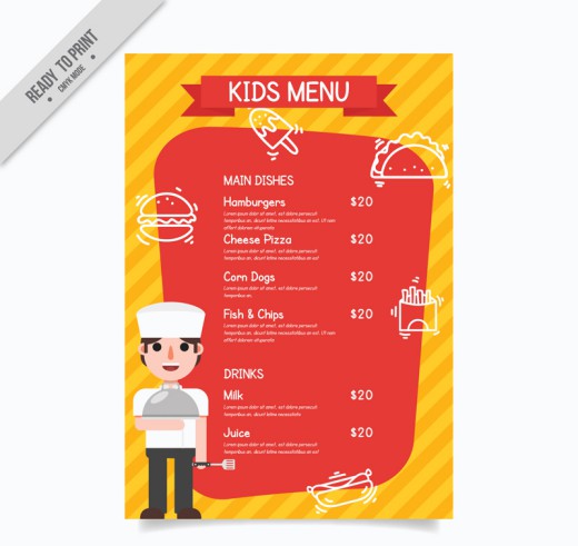 橙色卡通厨师儿童菜单矢量素材素材