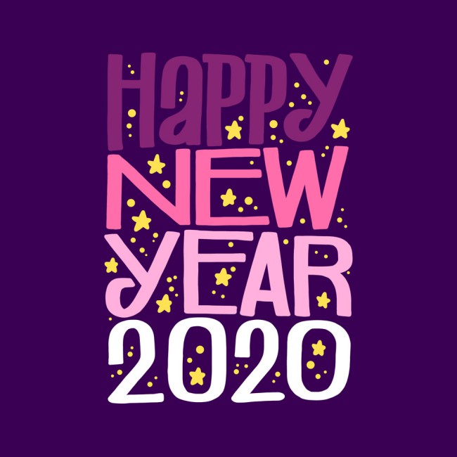2020年紫色新年快乐艺术字矢量图普贤居素材网精选