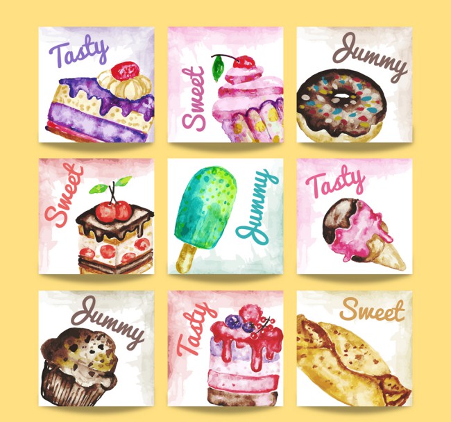 6款水彩绘甜点卡片矢量素材16图库网精选