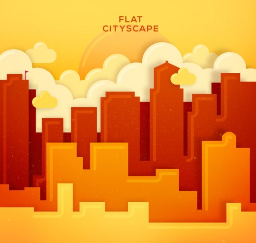 创意橙红色城市建筑风景矢量图素材