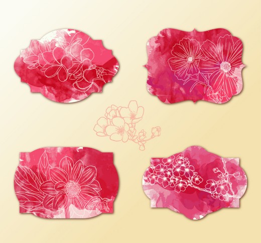 4款创意水彩花朵标签矢量图普贤居