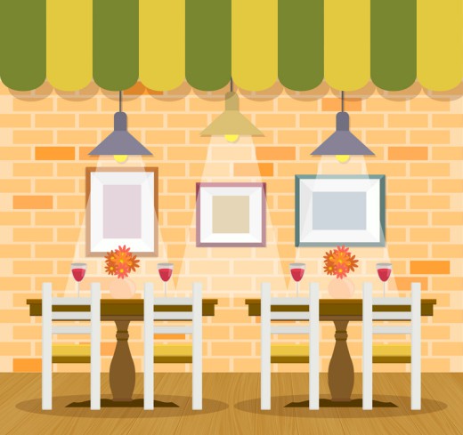 扁平化餐厅灯光和桌椅矢量素材16图