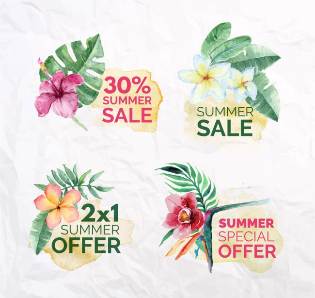 4款水彩绘热带花卉夏季促销标签矢量图普贤居素材网精选