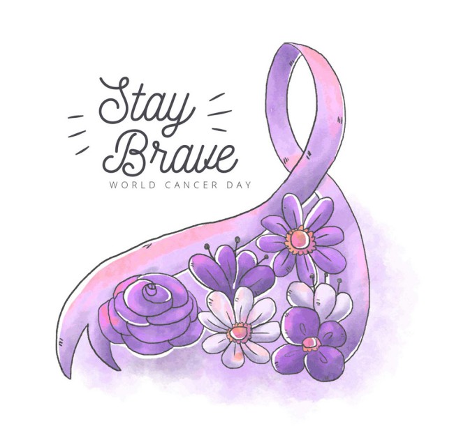 手绘世界癌症日紫色花卉丝带矢量图