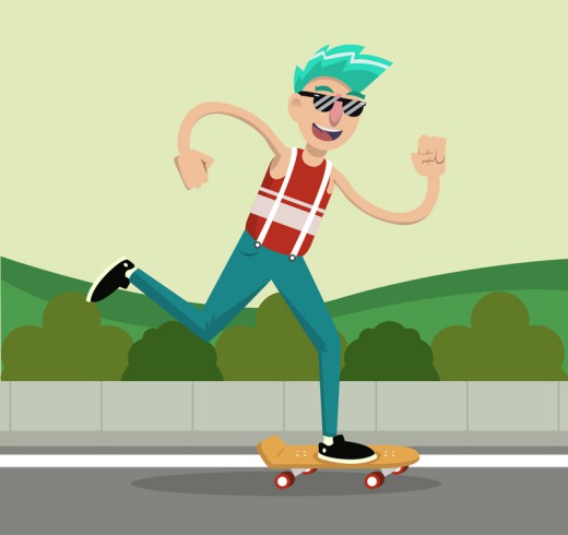 玩滑板的蓝发男子矢量素材16设计网精选