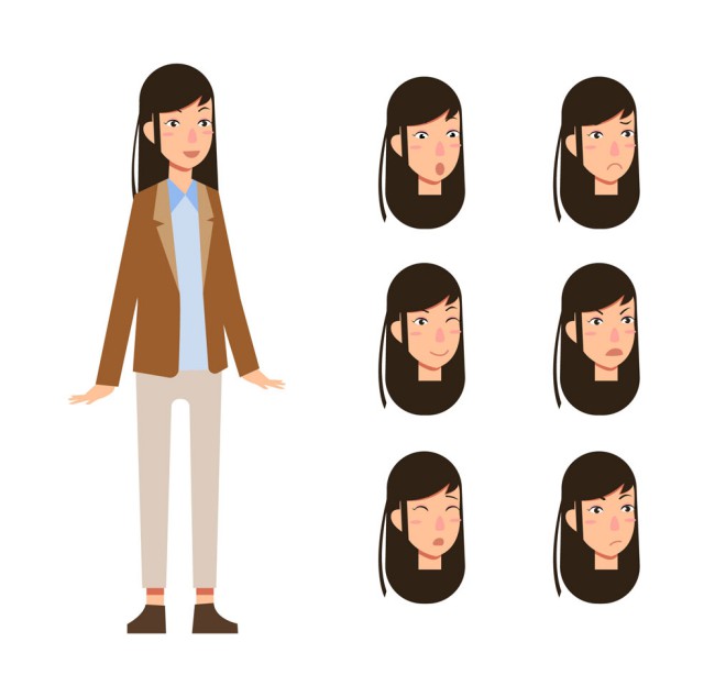 创意长发女子和6款表情头像矢量图素材中国网精选
