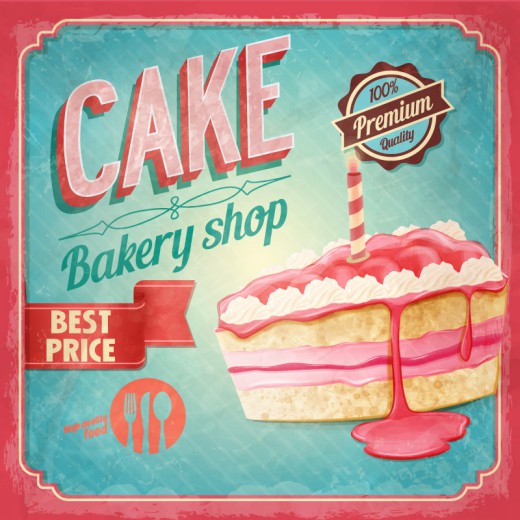 粉色三角蛋糕面包店复古海报矢量素
