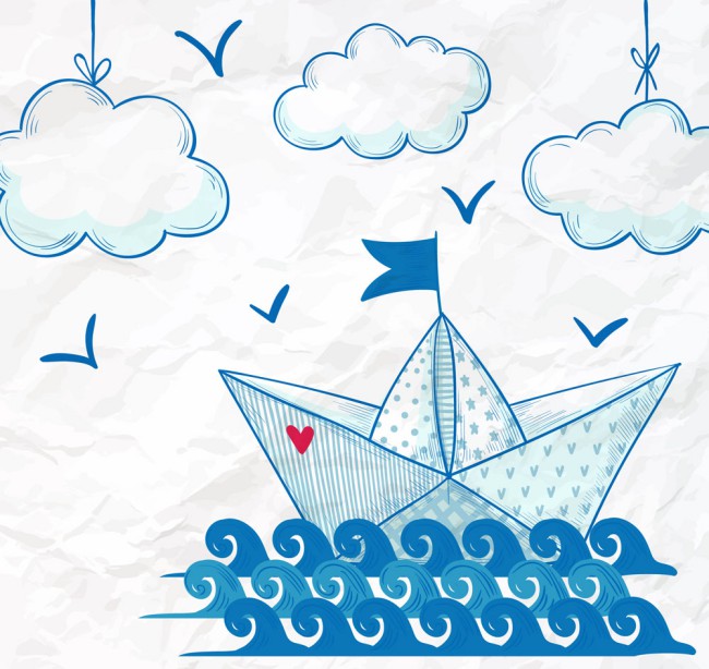 蓝色手绘海上的纸船矢量素材16设计网精选