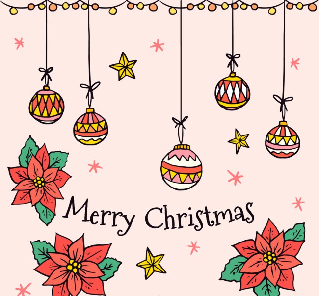 彩绘圣诞节吊球和一品红矢量图普贤居素材网精选