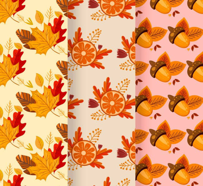 3款彩色秋季树叶橡子无缝背景矢量图16素材网精选