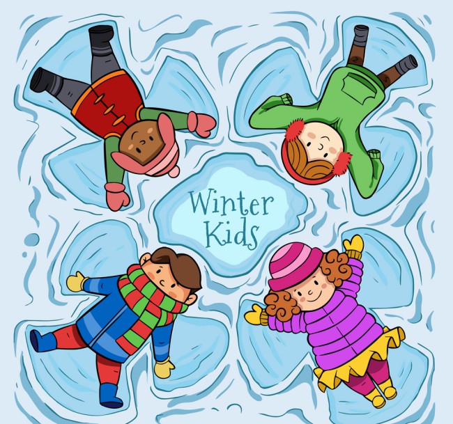 4个创意躺在雪地玩耍的儿童矢量素材16图库网精选