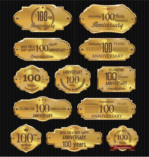 金色100周年纪念标签矢量图普贤居素材网精选