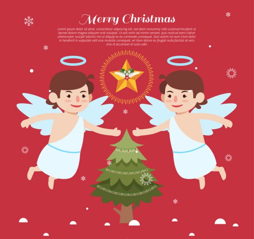2个白色圣诞天使和圣诞树贺卡矢量素材16图库网精选
