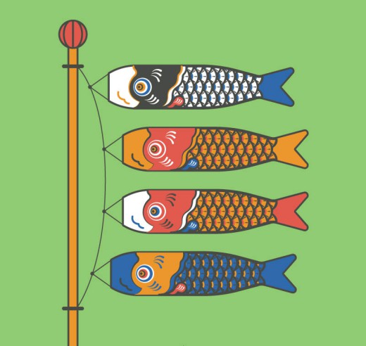 4个彩色日本鲤鱼旗矢量素材素材天