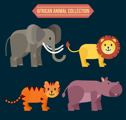 大象狮子老虎河马4种野生动物矢量素材16图库网精选