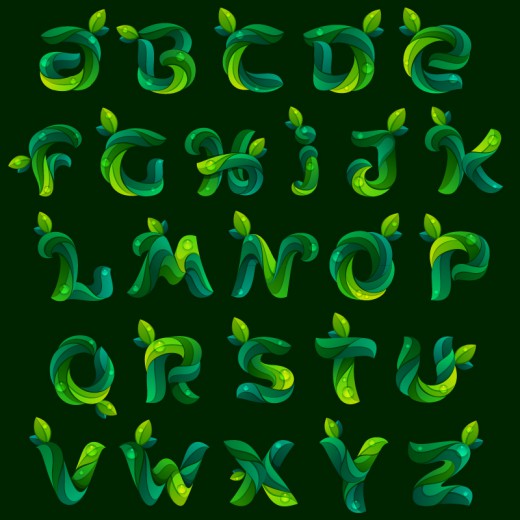 26个绿色树叶字母矢量素材普贤居素材网精选