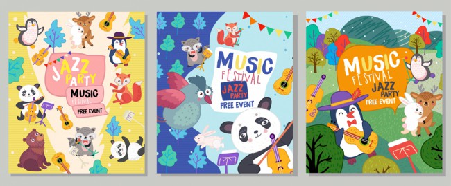3款可爱动物爵士音乐节海报矢量图普贤居素材网精选