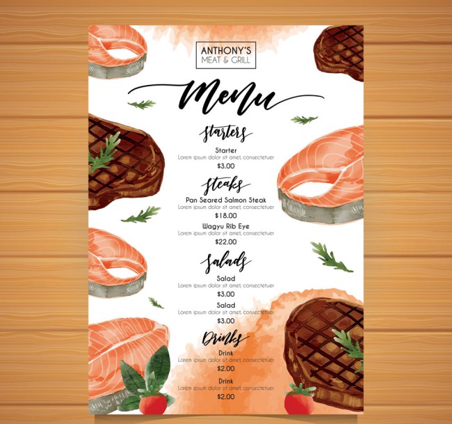 水彩绘西餐厅菜单设计矢量素材16图库网精选