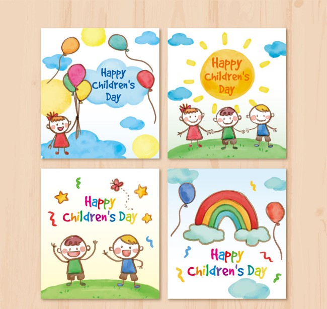 4款彩绘儿童节卡片矢量素材普贤居素材网精选