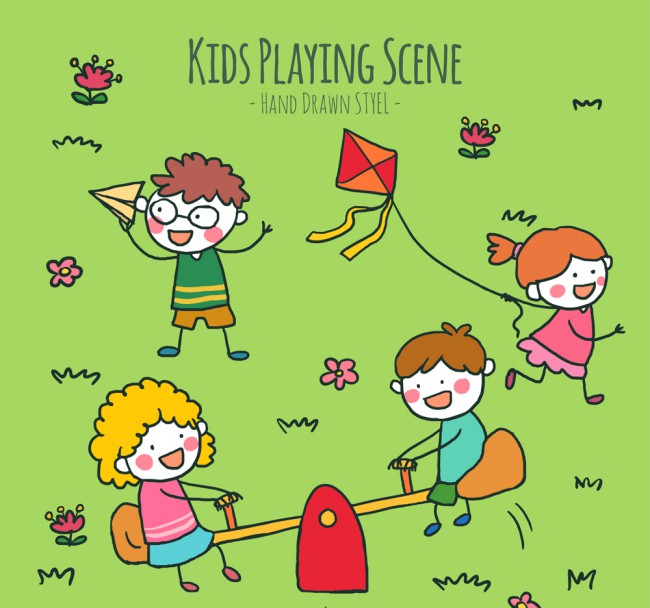 彩绘4个春天草地上玩耍的儿童矢量图普贤居素材网精选